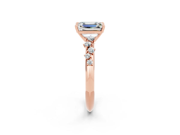 Rose gold Emerald Cut Moissanite Cluster Side Stone Solitaire Ring with Prong Setting