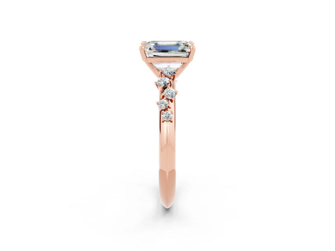Rose gold Emerald Cut Moissanite Cluster Side Stone Solitaire Ring with Prong Setting_26
