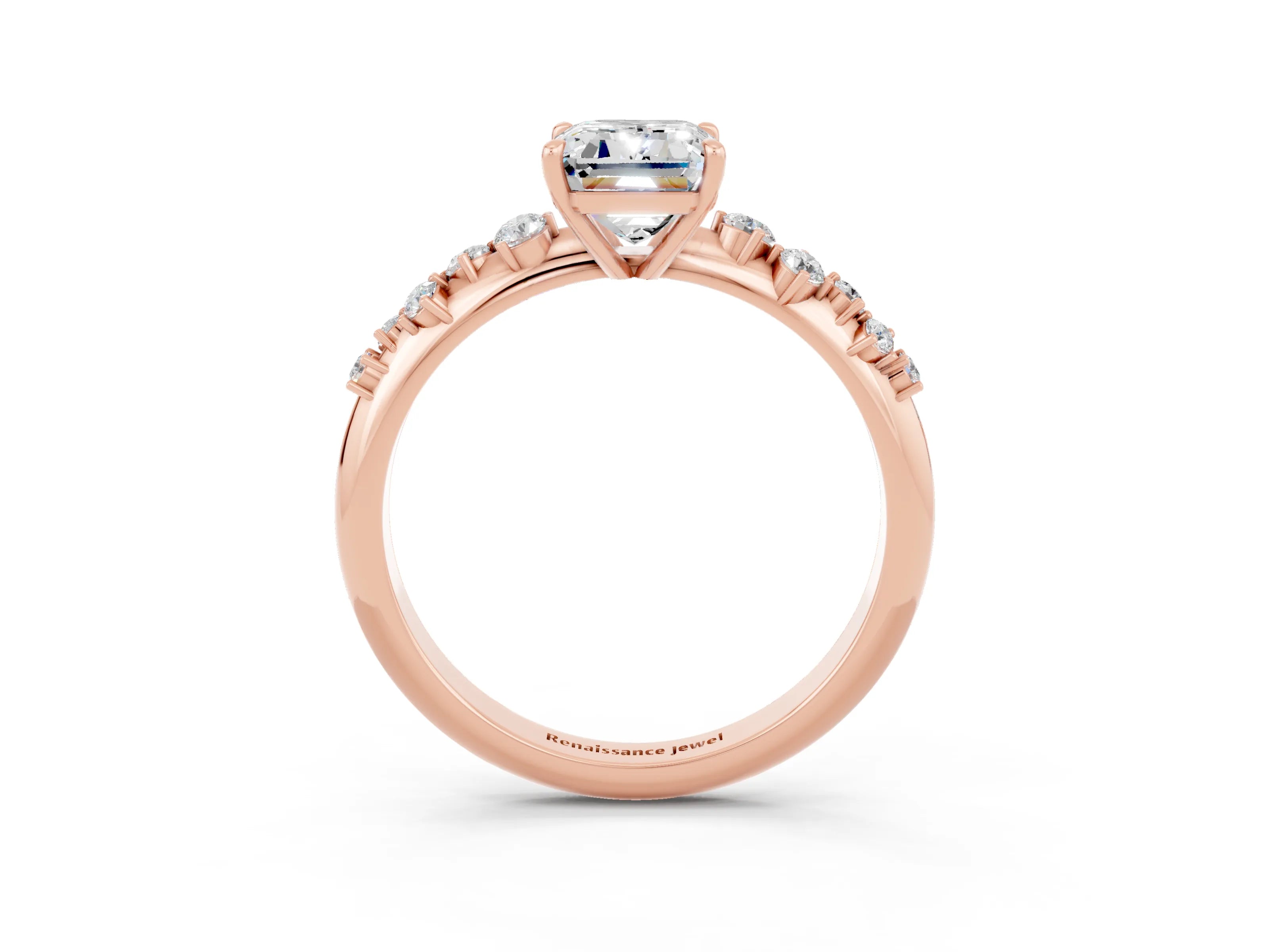 Rose gold Emerald Cut Moissanite Cluster Side Stone Solitaire Ring with Prong Setting_27