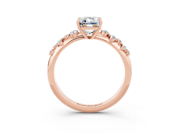 Rose gold Emerald Cut Moissanite Cluster Side Stone Solitaire Ring with Prong Setting