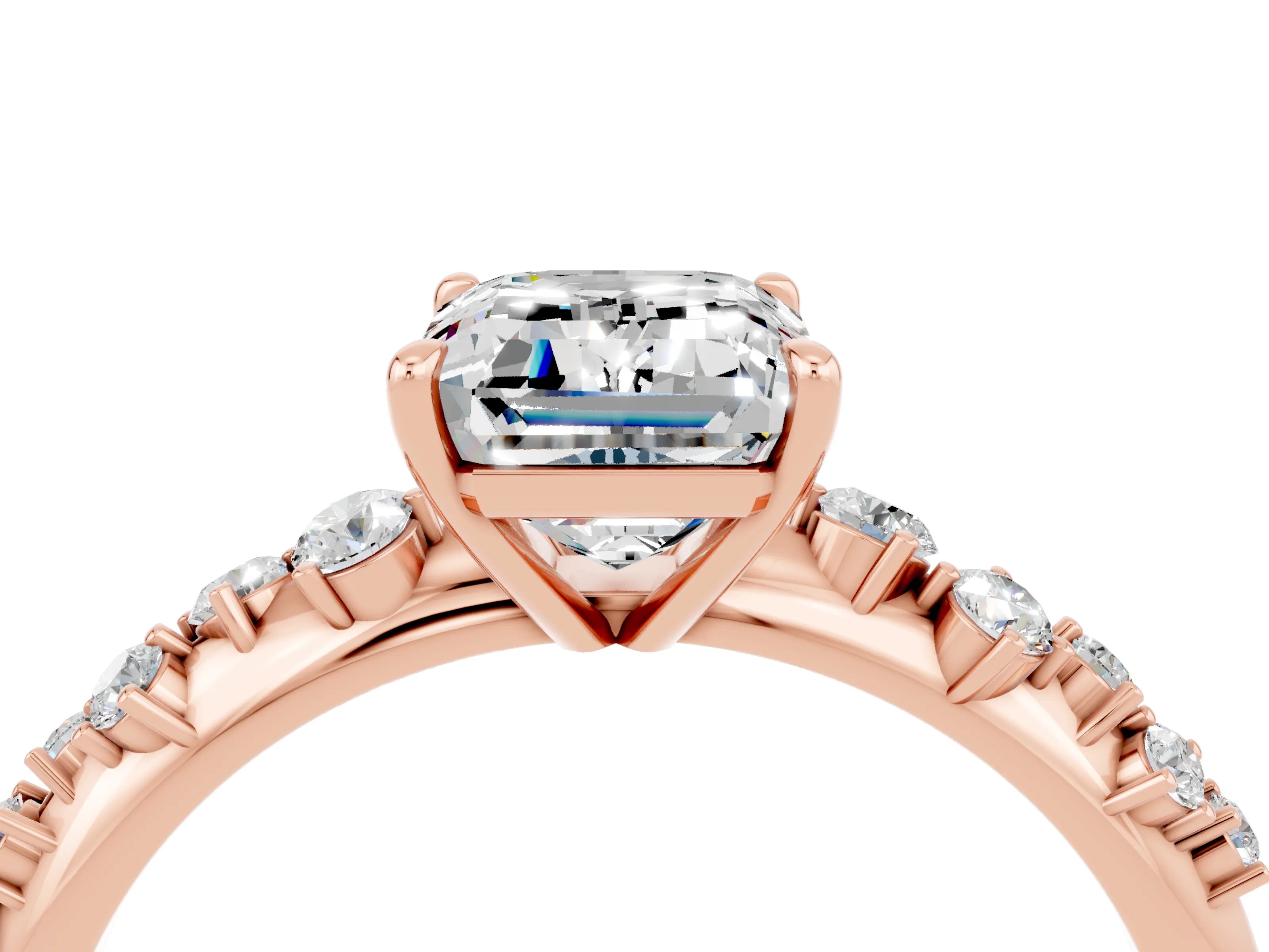 Rose gold Emerald Cut Moissanite Cluster Side Stone Solitaire Ring with Prong Setting_28