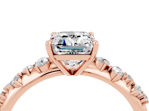 Rose gold Emerald Cut Moissanite Cluster Side Stone Solitaire Ring with Prong Setting_28