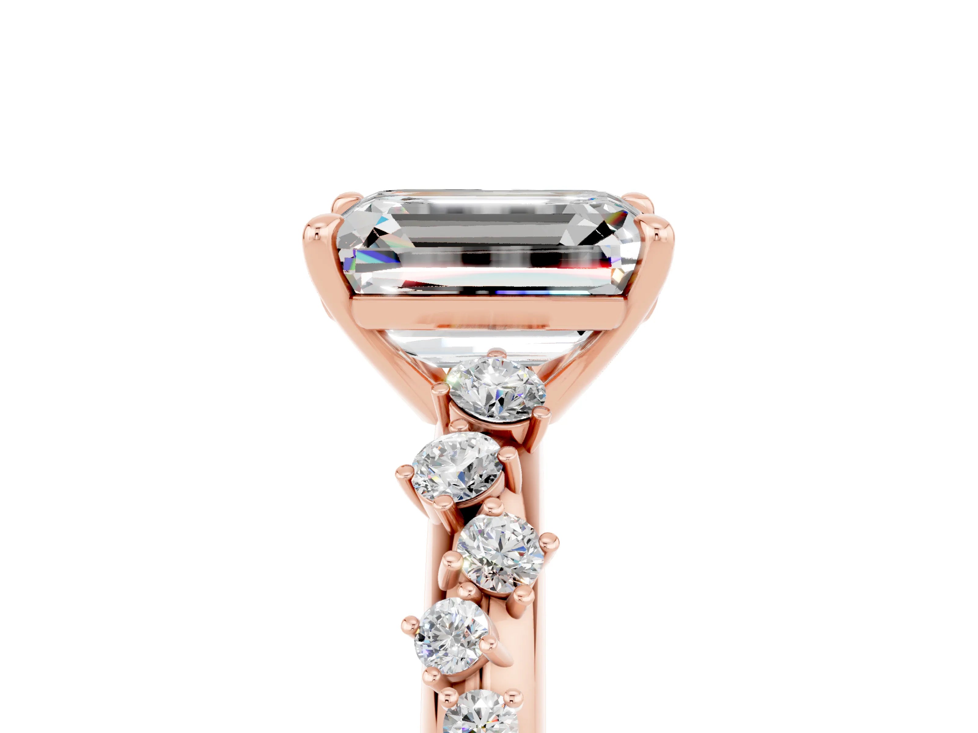 Rose gold Emerald Cut Moissanite Cluster Side Stone Solitaire Ring with Prong Setting_29