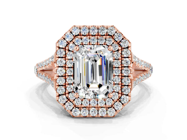 Rose gold Emerald Cut Moissanite Double Halo Ring with Pavé Band and Prong Setting