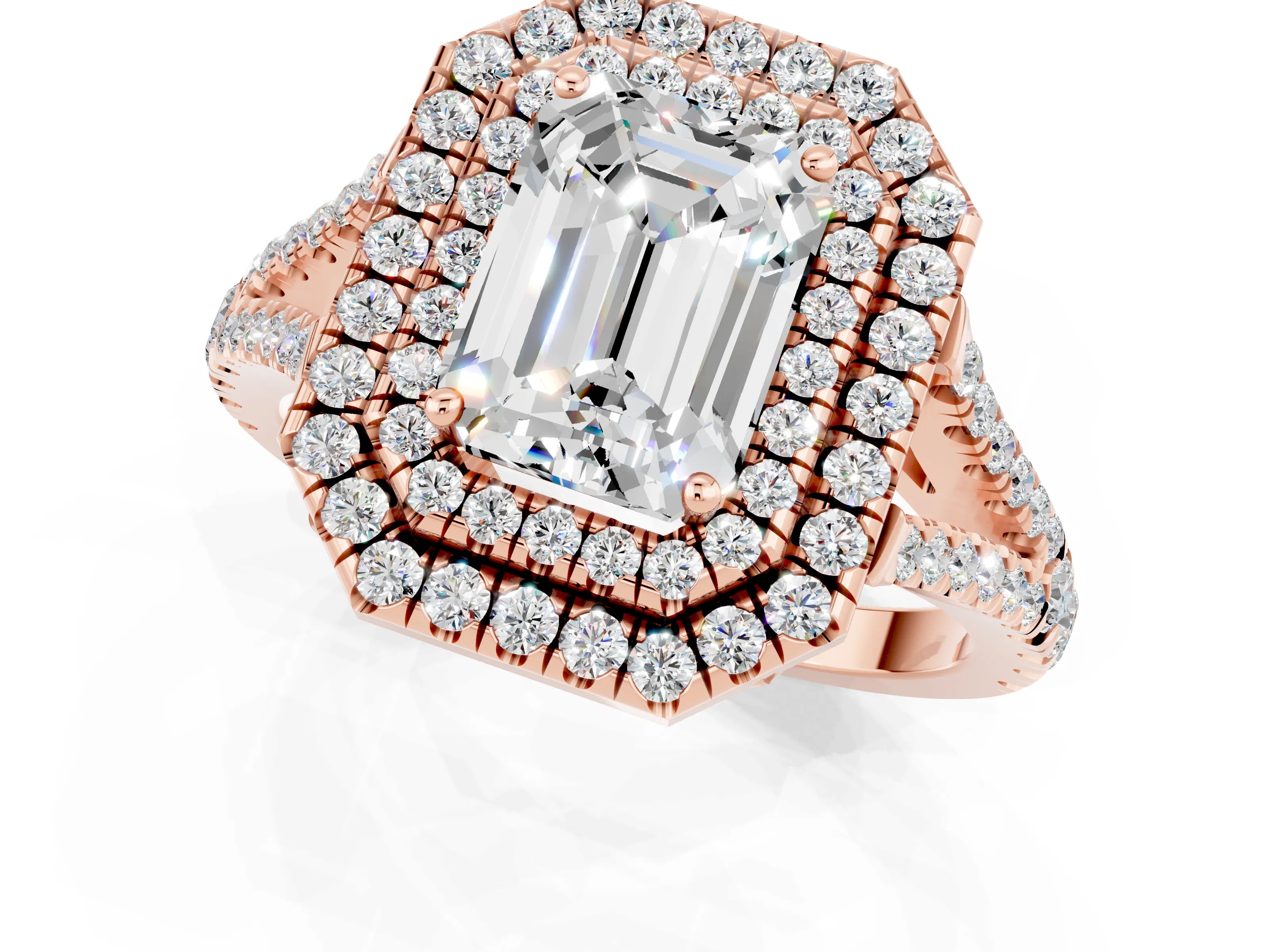 Rose gold Emerald Cut Moissanite Double Halo Ring with Pavé Band and Prong Setting_13