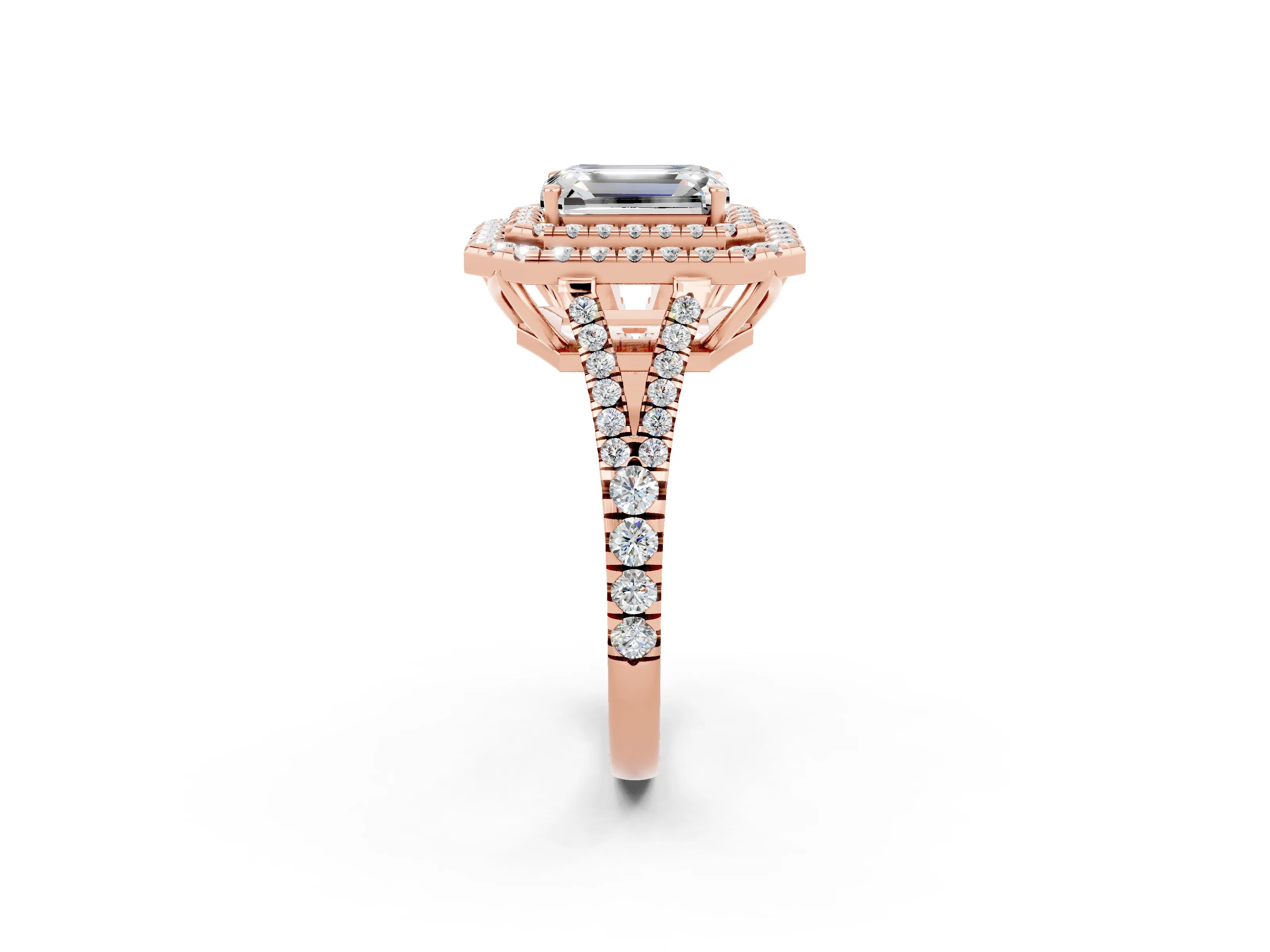 Rose gold Emerald Cut Moissanite Double Halo Ring with Pavé Band and Prong Setting_14
