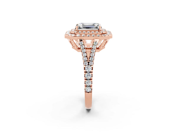 Rose gold Emerald Cut Moissanite Double Halo Ring with Pavé Band and Prong Setting