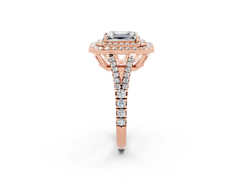 Rose gold Emerald Cut Moissanite Double Halo Ring with Pavé Band and Prong Setting_14