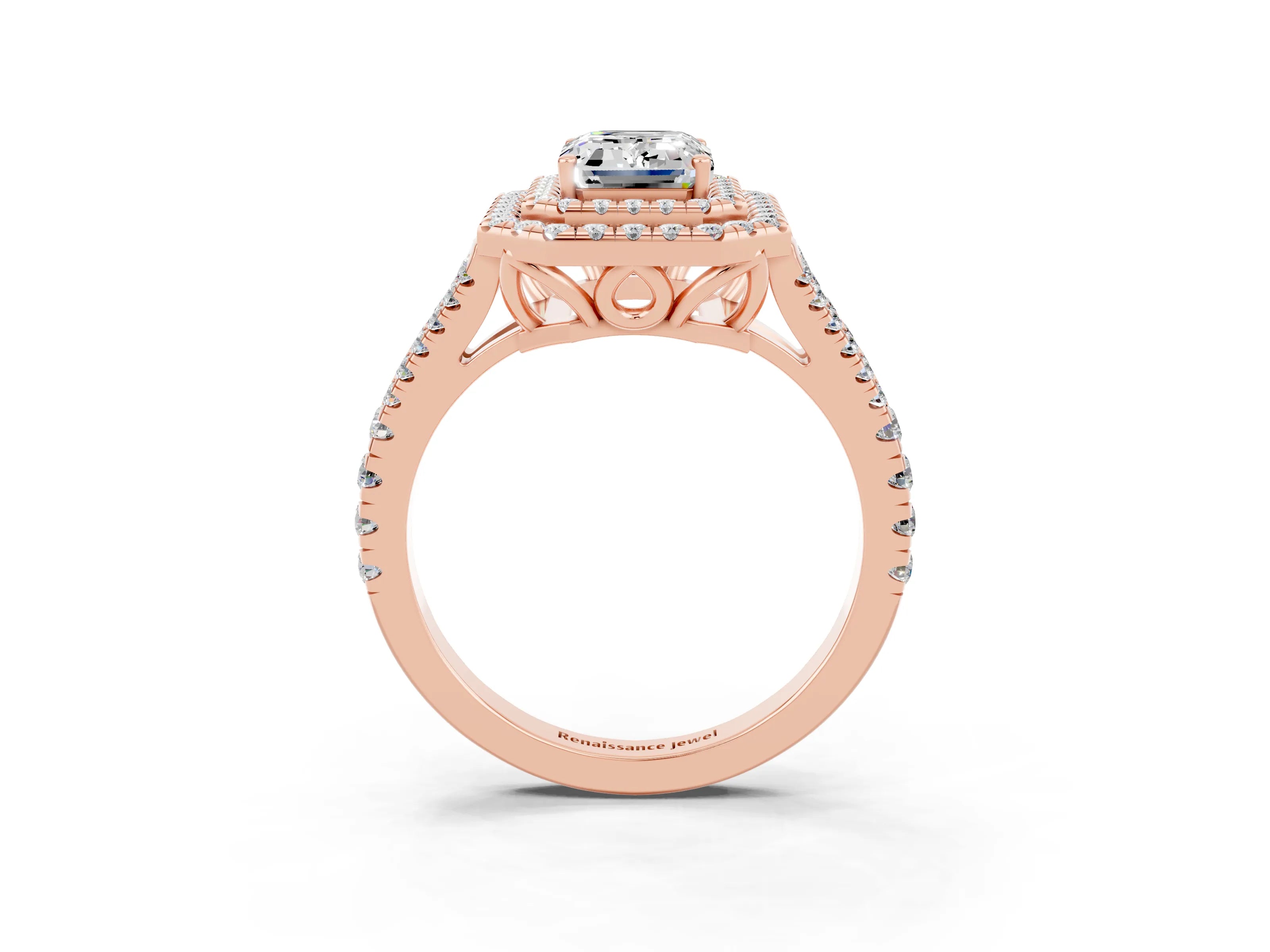 Rose gold Emerald Cut Moissanite Double Halo Ring with Pavé Band and Prong Setting_15