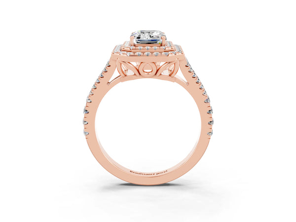 Rose gold Emerald Cut Moissanite Double Halo Ring with Pavé Band and Prong Setting