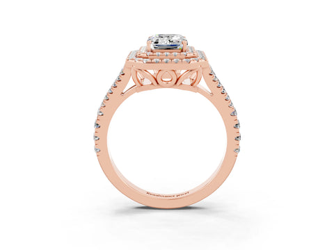 Rose gold Emerald Cut Moissanite Double Halo Ring with Pavé Band and Prong Setting_15