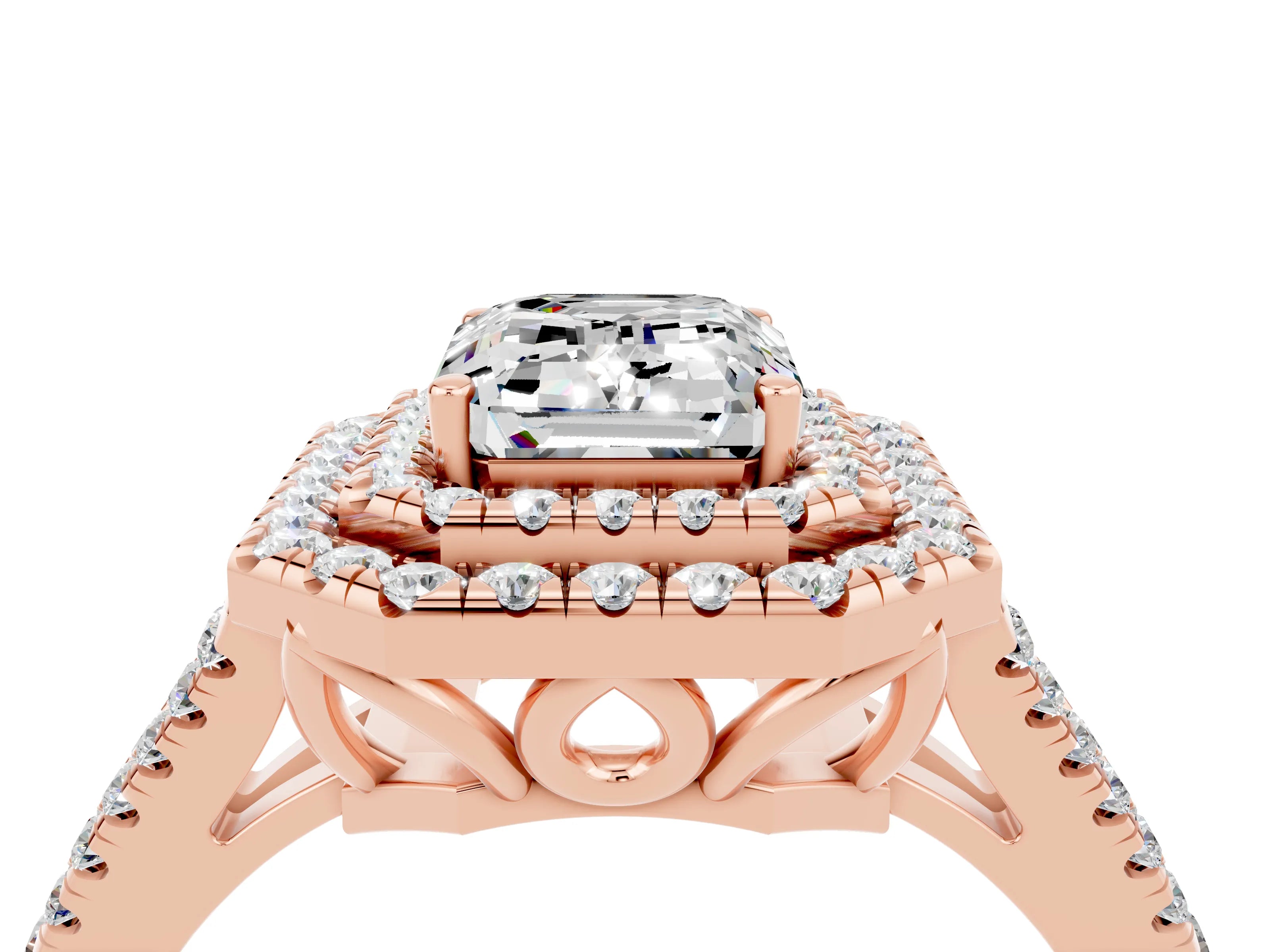 Rose gold Emerald Cut Moissanite Double Halo Ring with Pavé Band and Prong Setting_16