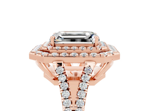 Rose gold Emerald Cut Moissanite Double Halo Ring with Pavé Band and Prong Setting_17