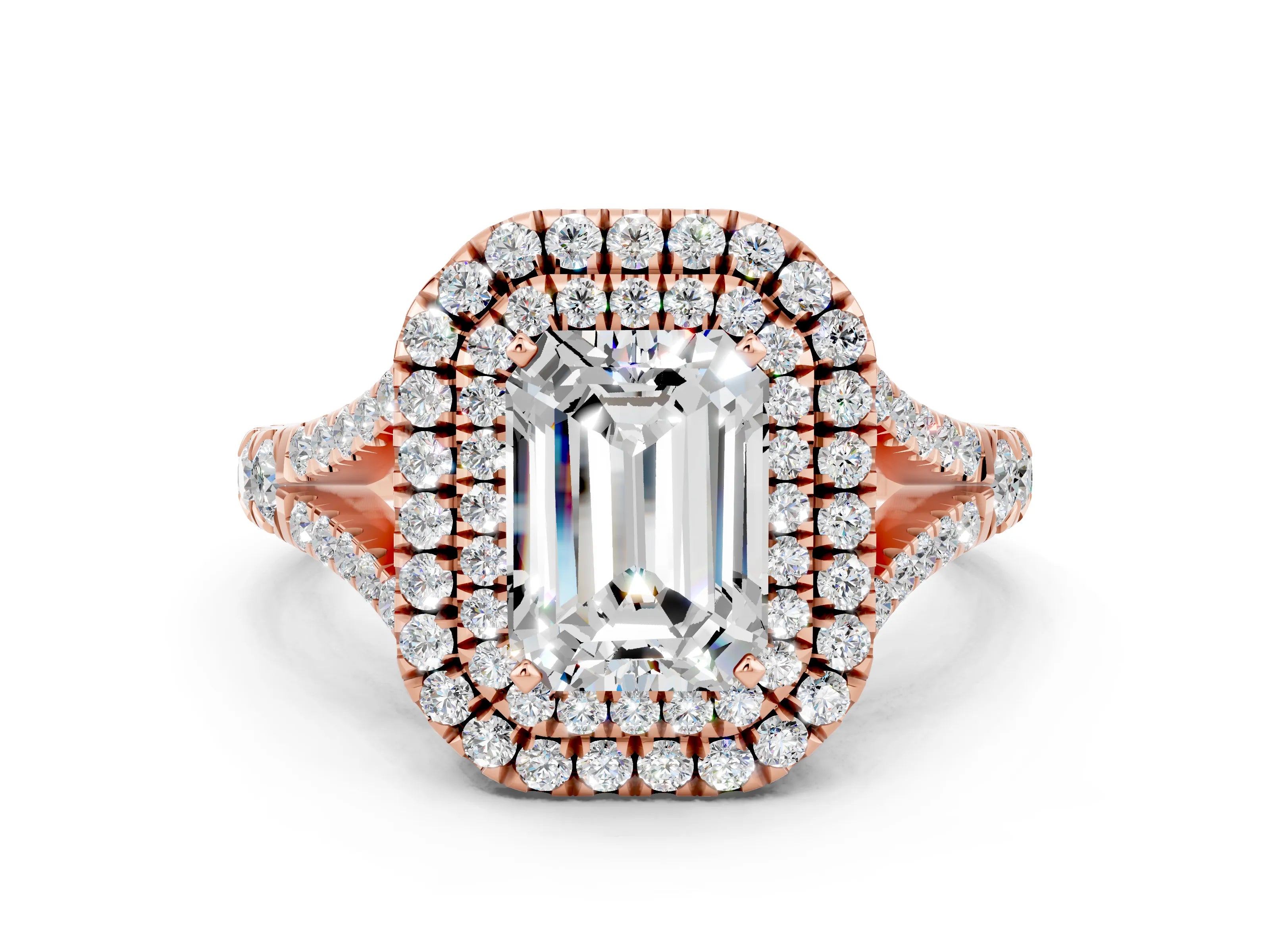 Rose gold Emerald Cut Moissanite Double Halo Ring with Split Shank and Prong Setting_12