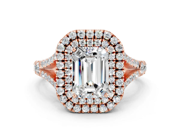 Rose gold Emerald Cut Moissanite Double Halo Ring with Split Shank and Prong Setting