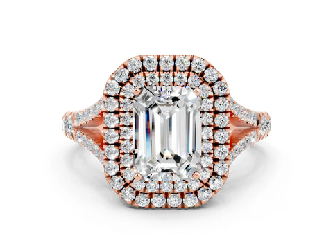 Rose gold Emerald Cut Moissanite Double Halo Ring with Split Shank and Prong Setting_12