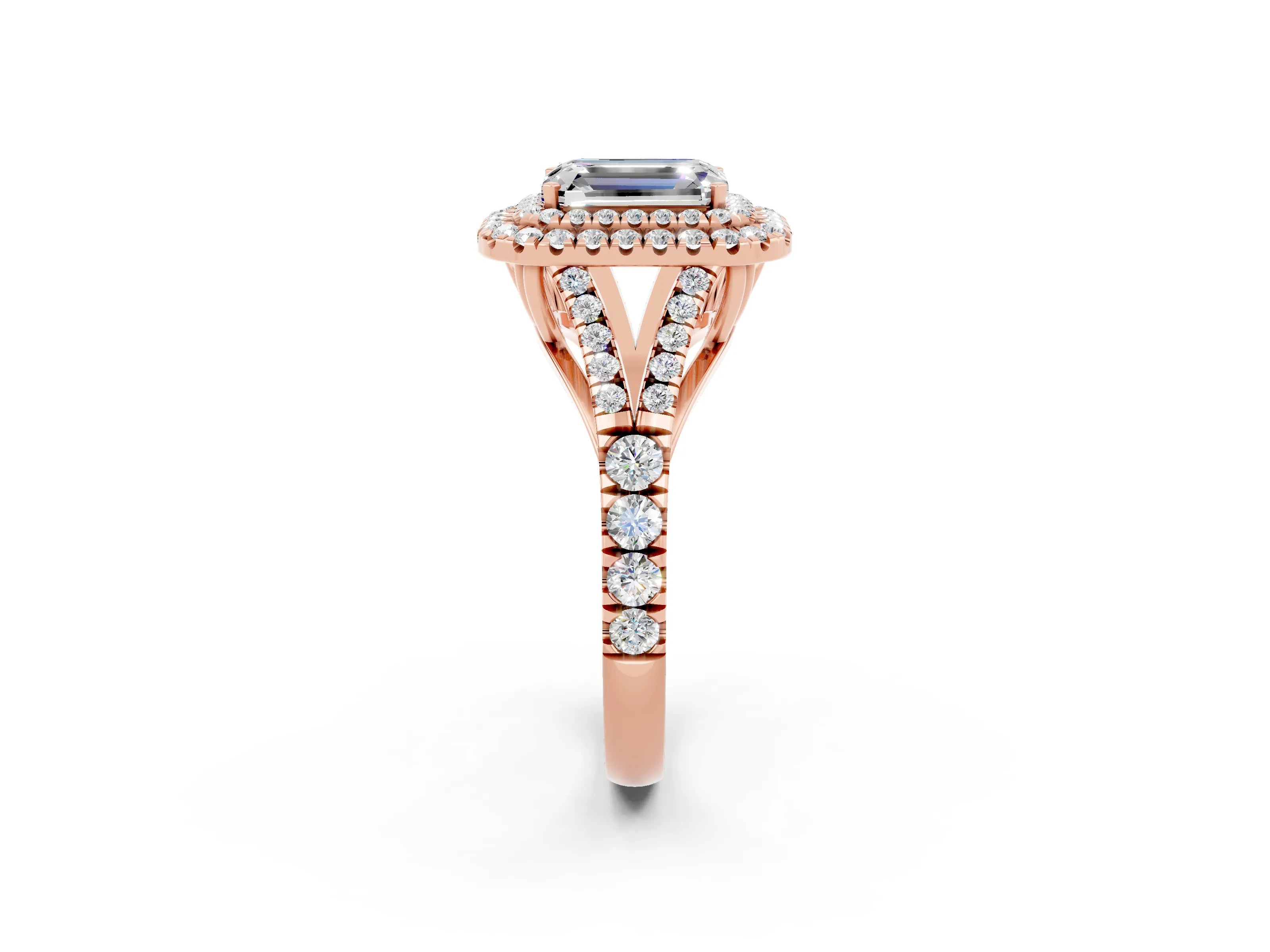 Rose gold Emerald Cut Moissanite Double Halo Ring with Split Shank and Prong Setting_14