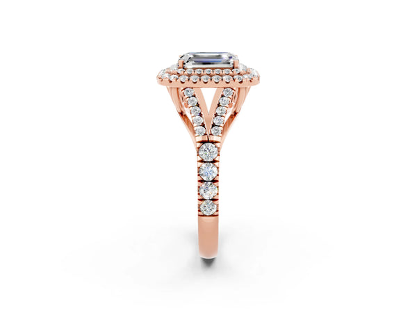 Rose gold Emerald Cut Moissanite Double Halo Ring with Split Shank and Prong Setting