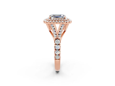 Rose gold Emerald Cut Moissanite Double Halo Ring with Split Shank and Prong Setting_14