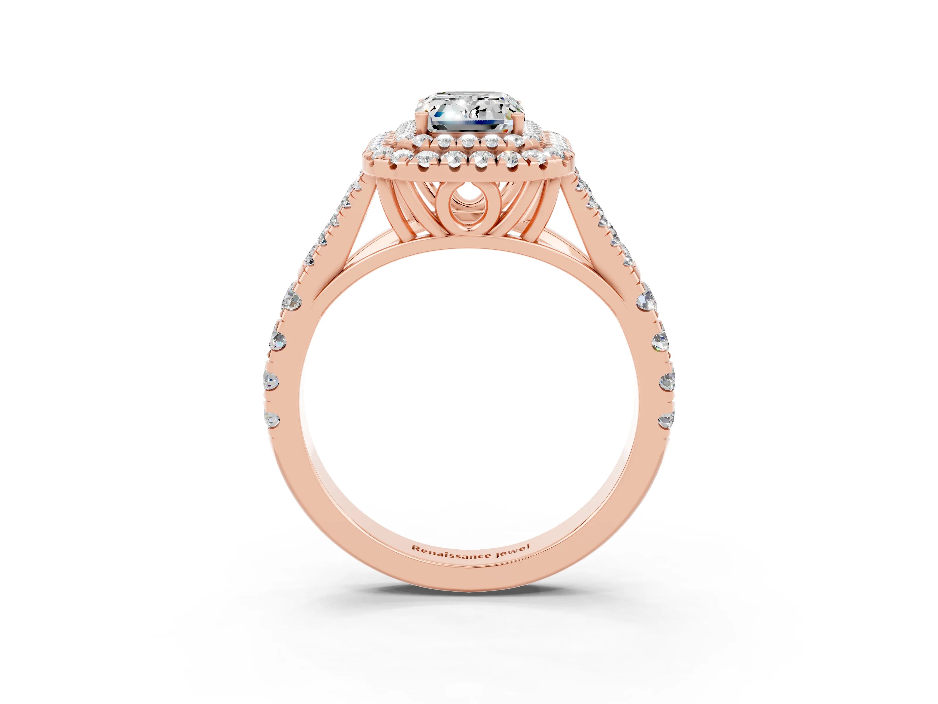 Rose gold Emerald Cut Moissanite Double Halo Ring with Split Shank and Prong Setting_15