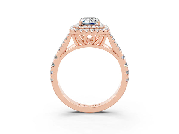 Rose gold Emerald Cut Moissanite Double Halo Ring with Split Shank and Prong Setting