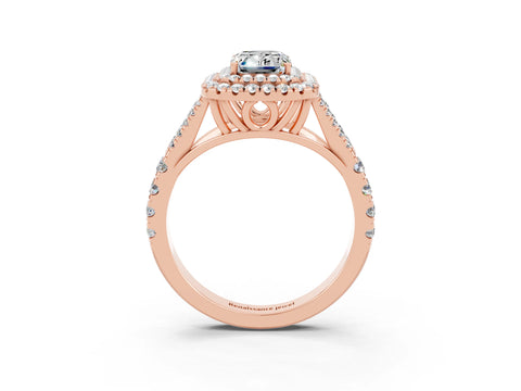 Rose gold Emerald Cut Moissanite Double Halo Ring with Split Shank and Prong Setting_15