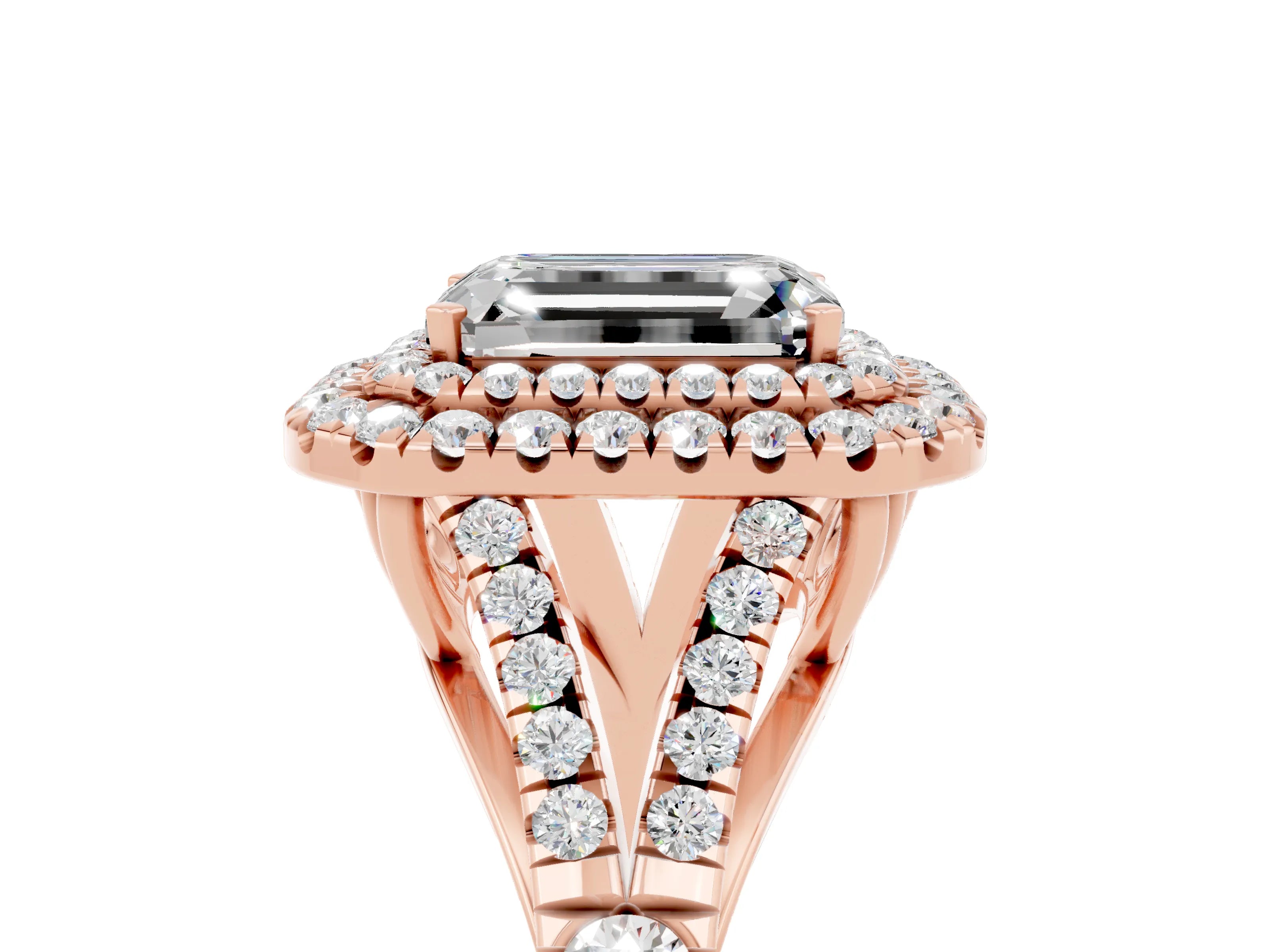 Rose gold Emerald Cut Moissanite Double Halo Ring with Split Shank and Prong Setting_17