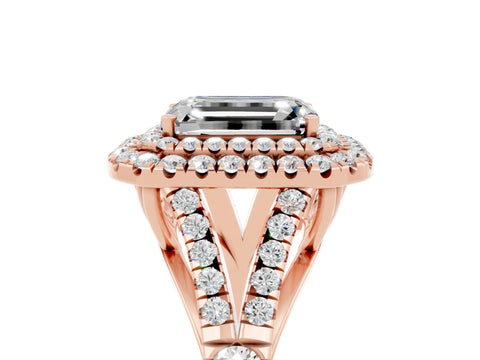 Rose gold Emerald Cut Moissanite Double Halo Ring with Split Shank and Prong Setting_17