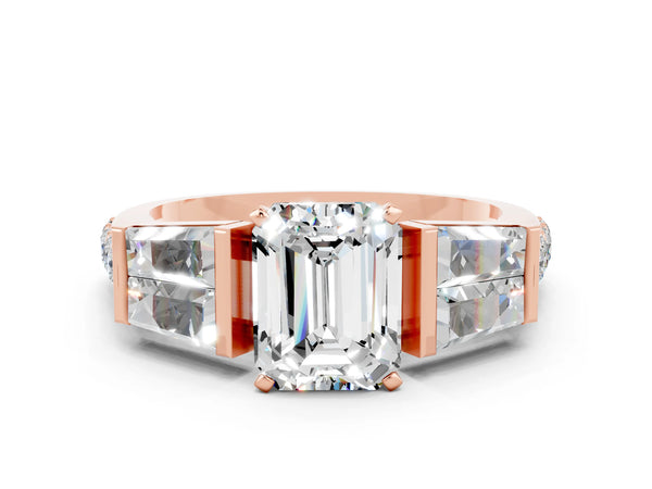 Rose gold Emerald Cut Moissanite Engagement Ring with Baguette Side Stones and Channel Set Band