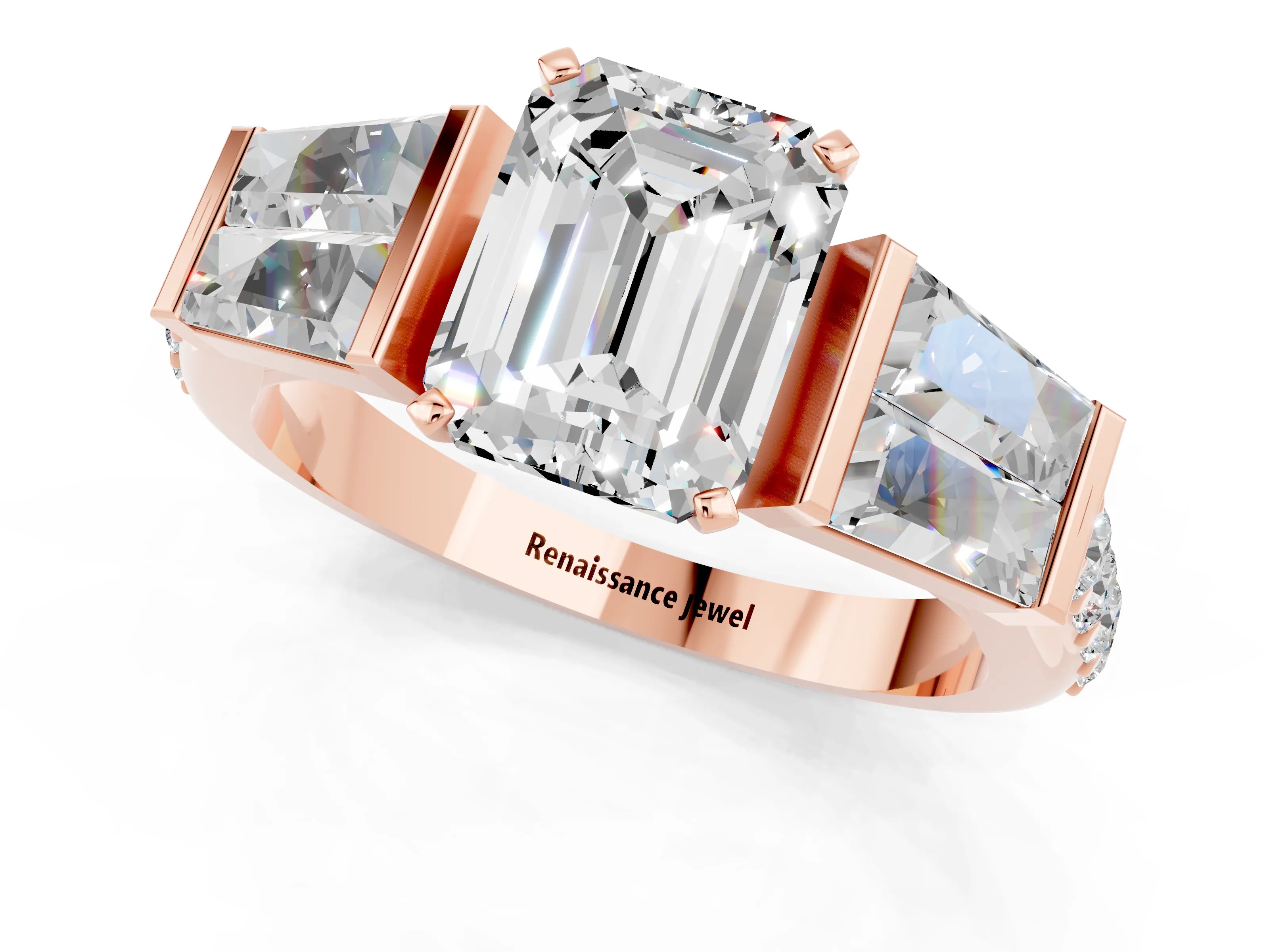 Rose gold Emerald Cut Moissanite Engagement Ring with Baguette Side Stones and Channel Set Band_1