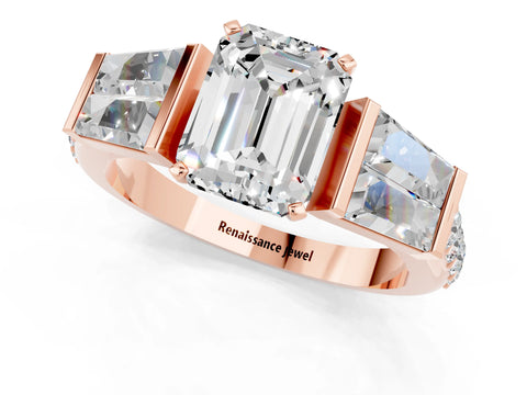 Rose gold Emerald Cut Moissanite Engagement Ring with Baguette Side Stones and Channel Set Band_1