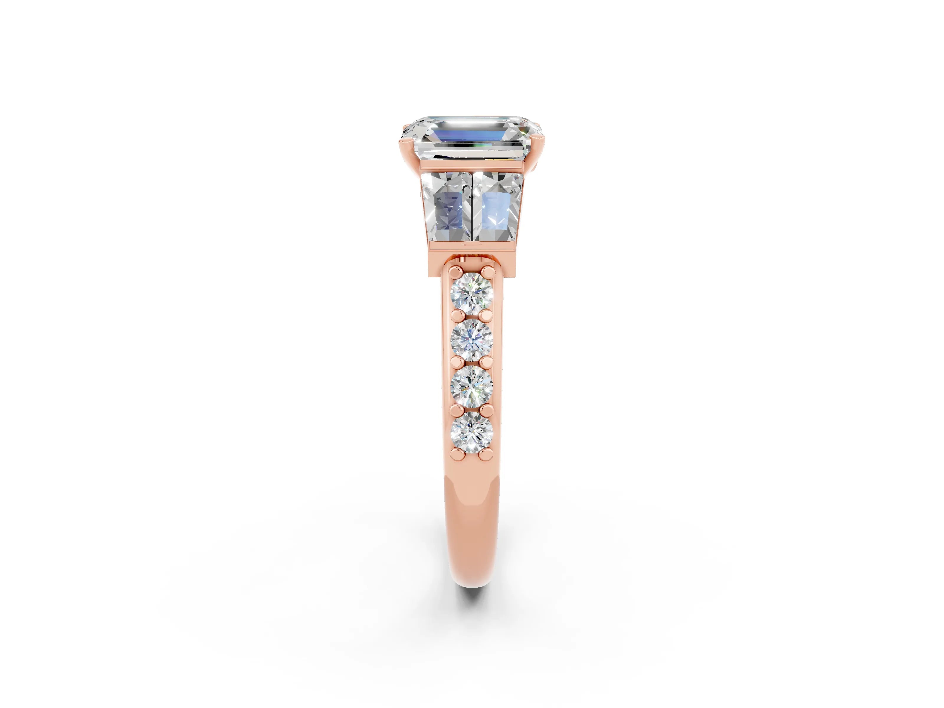 Rose gold Emerald Cut Moissanite Engagement Ring with Baguette Side Stones and Channel Set Band_2