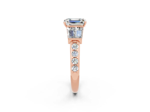 Rose gold Emerald Cut Moissanite Engagement Ring with Baguette Side Stones and Channel Set Band