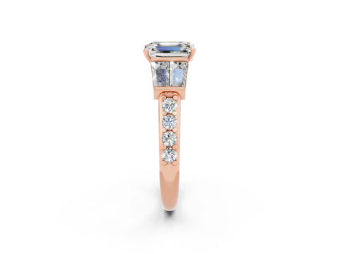 Rose gold Emerald Cut Moissanite Engagement Ring with Baguette Side Stones and Channel Set Band_2