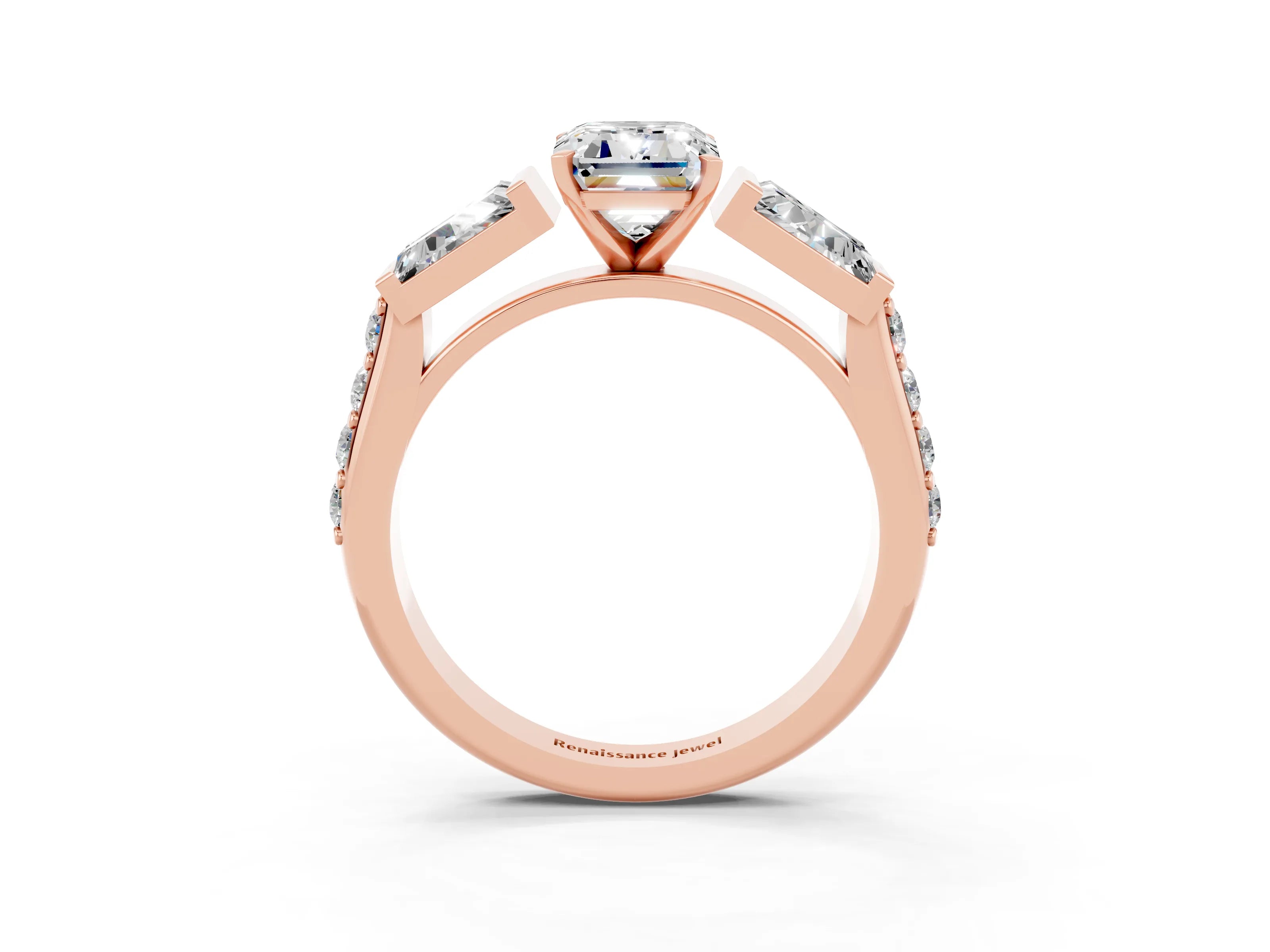 Rose gold Emerald Cut Moissanite Engagement Ring with Baguette Side Stones and Channel Set Band_3