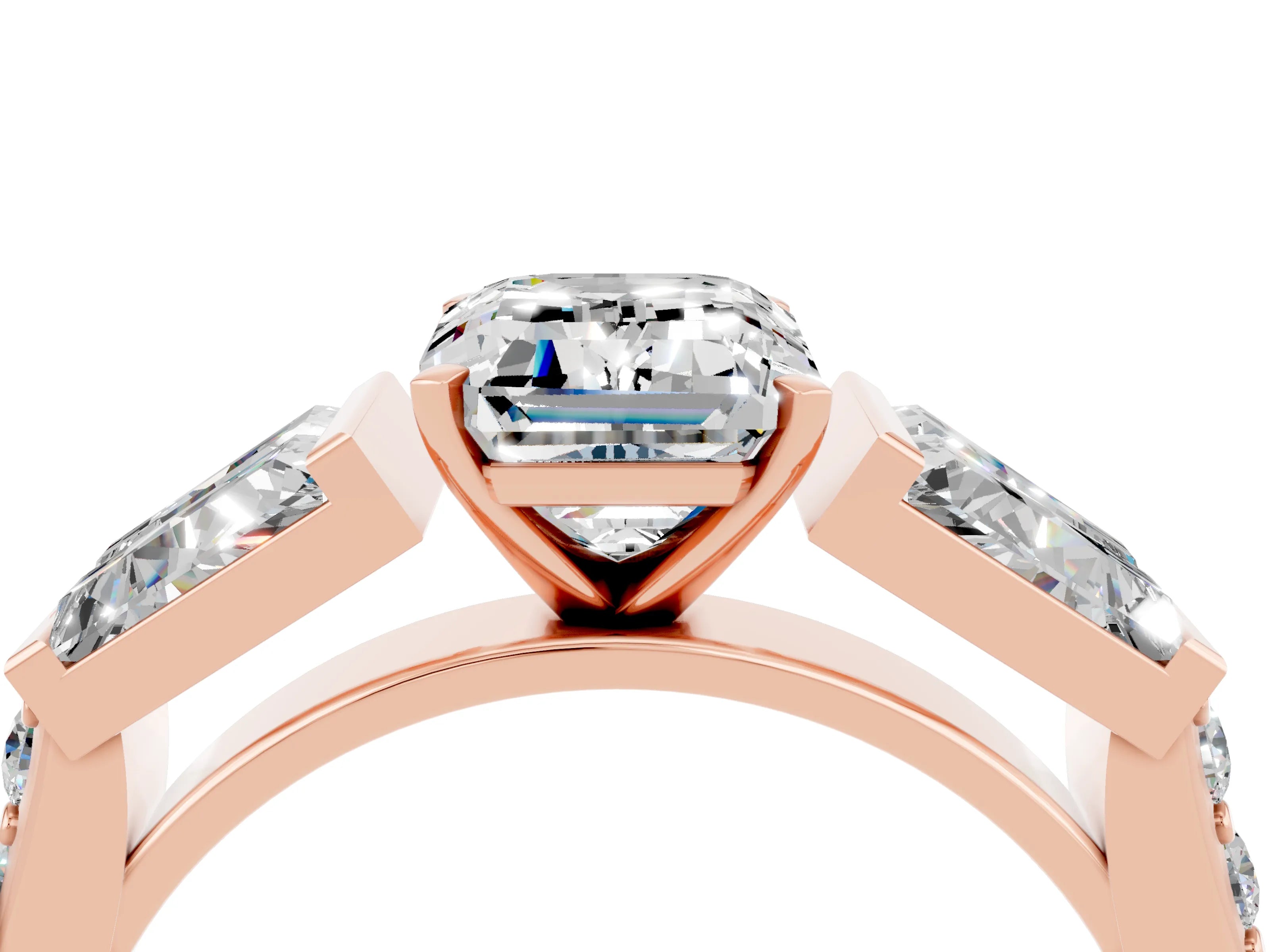 Rose gold Emerald Cut Moissanite Engagement Ring with Baguette Side Stones and Channel Set Band_4