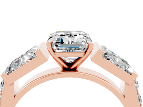Rose gold Emerald Cut Moissanite Engagement Ring with Baguette Side Stones and Channel Set Band_4