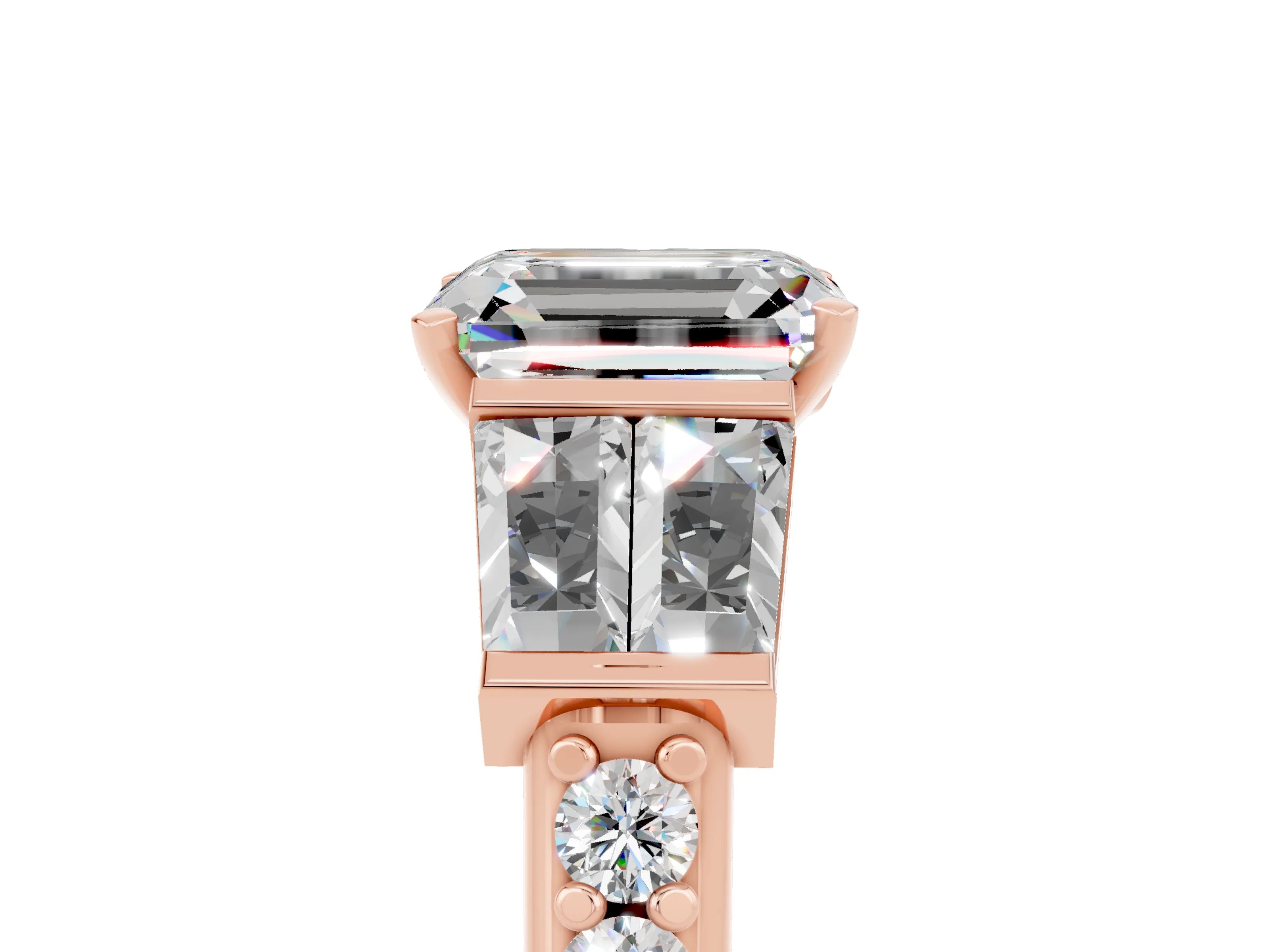 Rose gold Emerald Cut Moissanite Engagement Ring with Baguette Side Stones and Channel Set Band_5