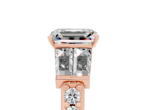 Rose gold Emerald Cut Moissanite Engagement Ring with Baguette Side Stones and Channel Set Band_5