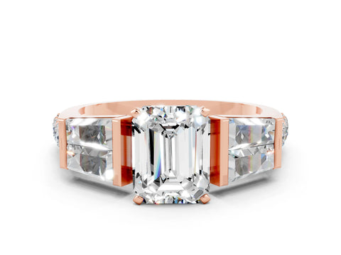 Rose gold Emerald Cut Moissanite Engagement Ring with Baguette Side Stones and Channel Set Band