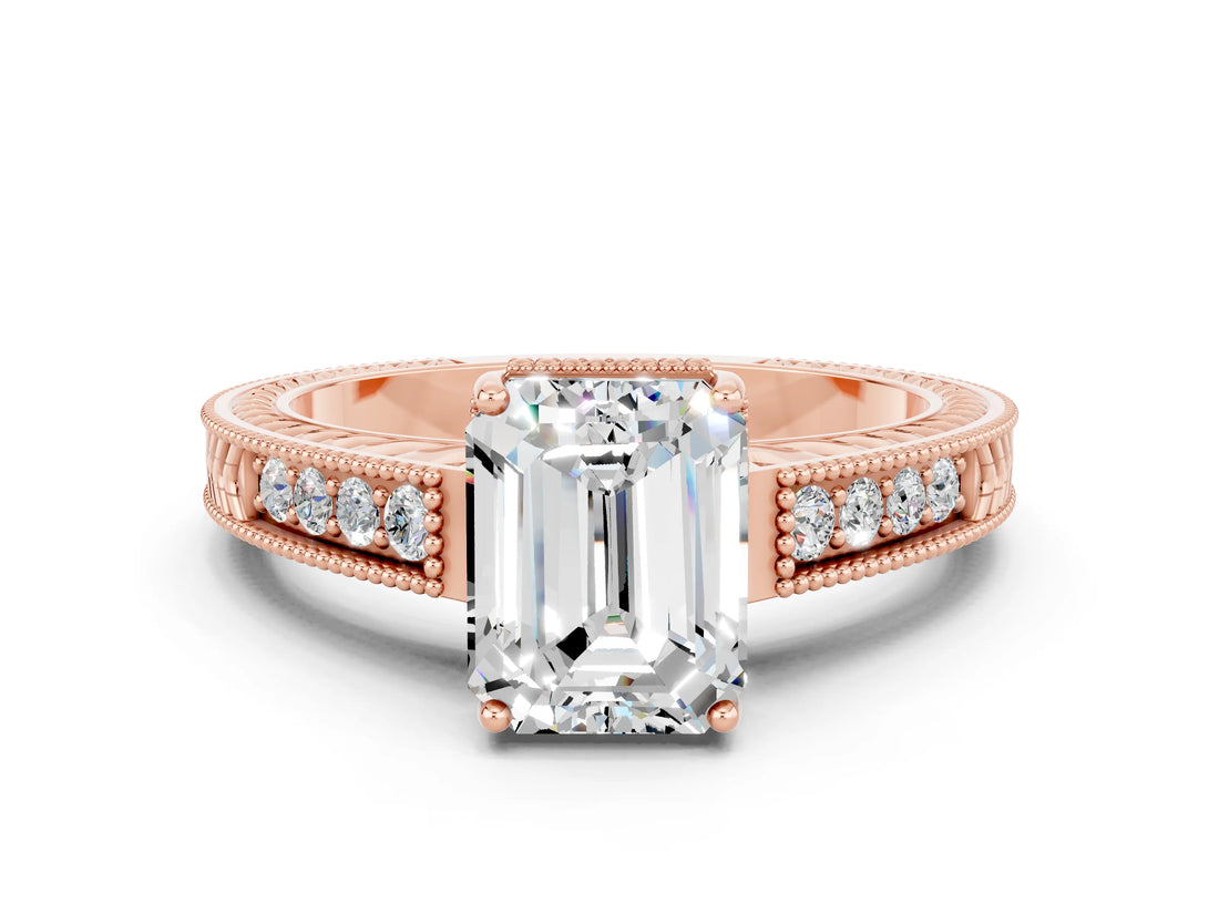Rose gold Emerald Cut Moissanite Engagement Ring with Milgrain Channel Set Band and Prong Setting