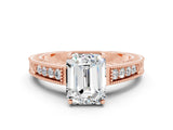 Rose gold Emerald Cut Moissanite Engagement Ring with Milgrain Channel Set Band and Prong Setting