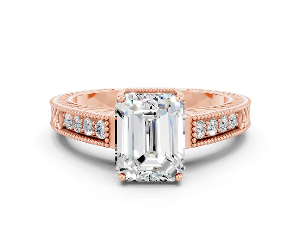 Rose gold Emerald Cut Moissanite Engagement Ring with Milgrain Channel Set Band and Prong Setting