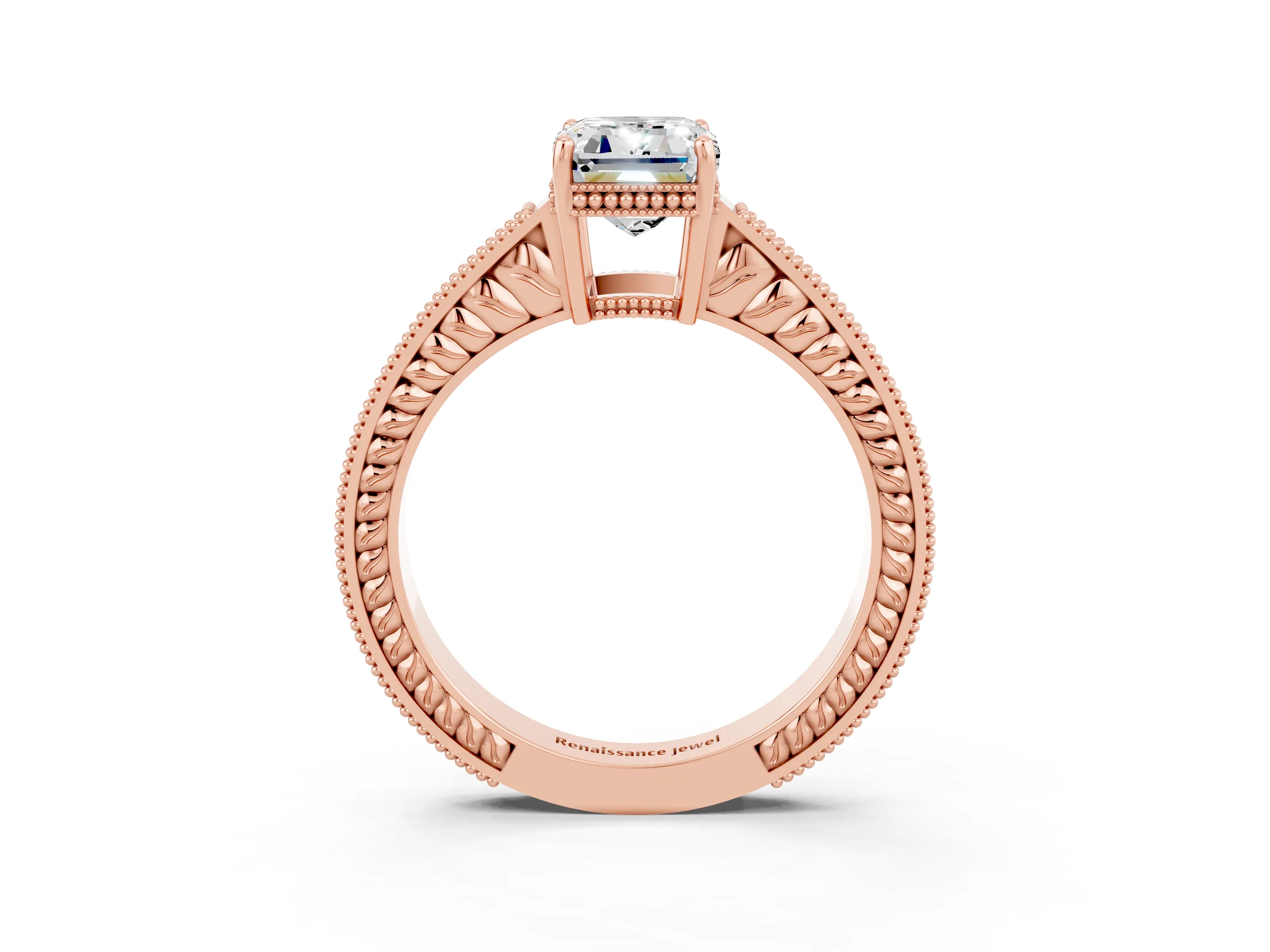 Rose gold Emerald Cut Moissanite Engagement Ring with Milgrain Channel Set Band and Prong Setting_3