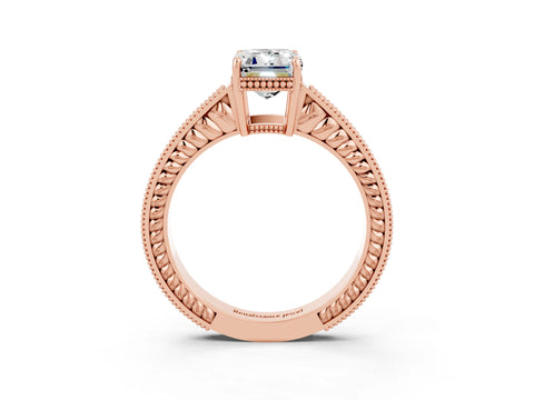 Rose gold Emerald Cut Moissanite Engagement Ring with Milgrain Channel Set Band and Prong Setting_3