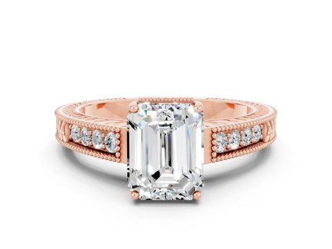 Rose gold Emerald Cut Moissanite Engagement Ring with Milgrain Channel Set Band and Prong Setting