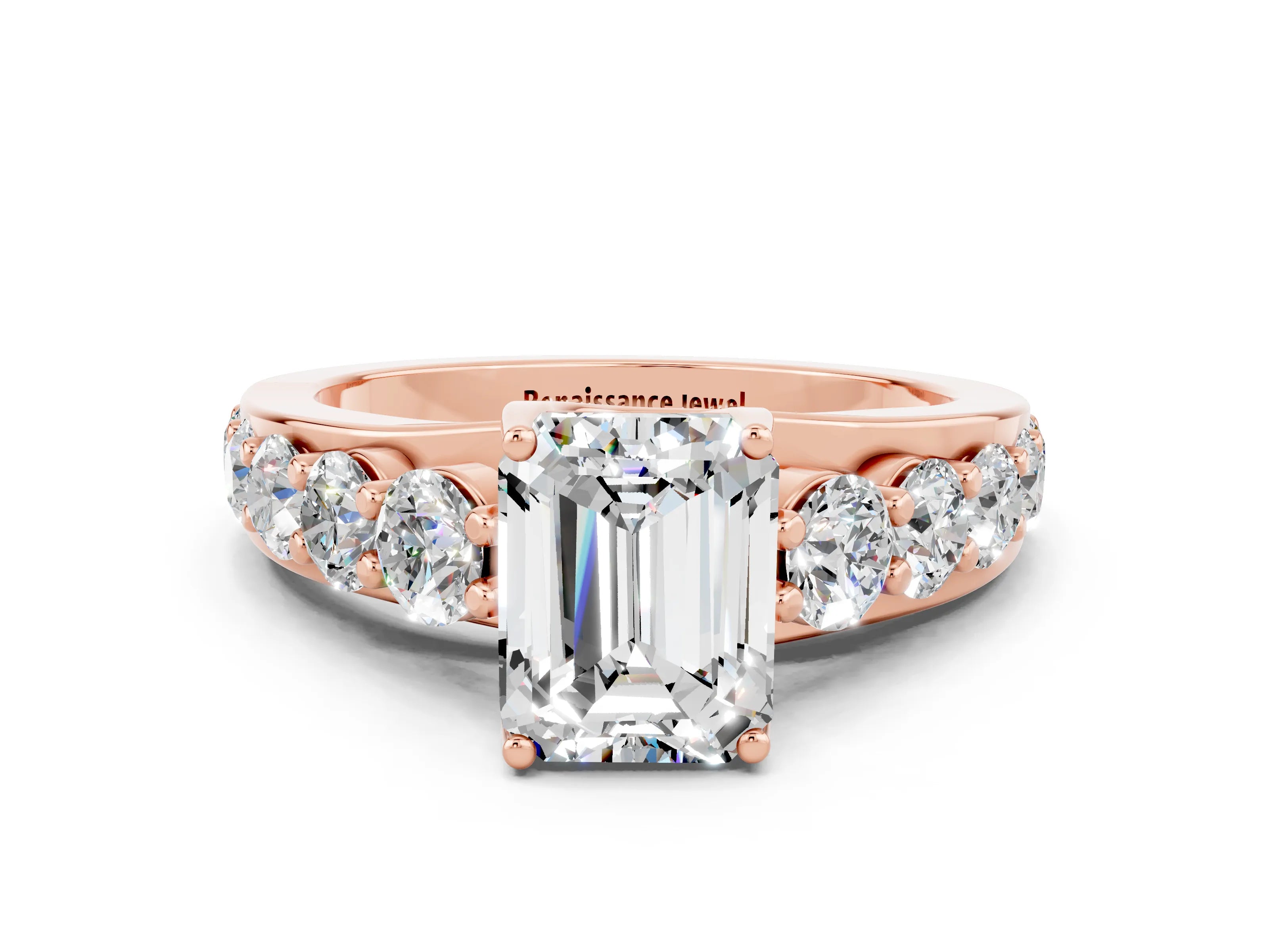 Rose gold Emerald Cut Moissanite Engagement Ring with Pavé Band and Four-Prong Setting