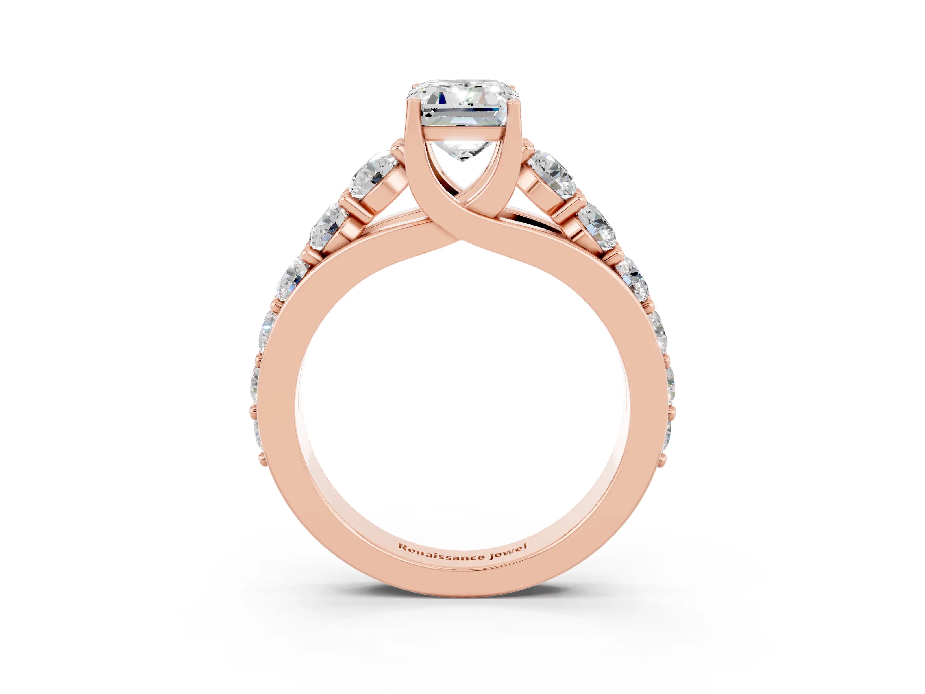 Rose gold Emerald Cut Moissanite Engagement Ring with Pavé Band and Four-Prong Setting_3