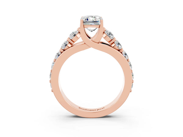 Rose gold Emerald Cut Moissanite Engagement Ring with Pavé Band and Four-Prong Setting