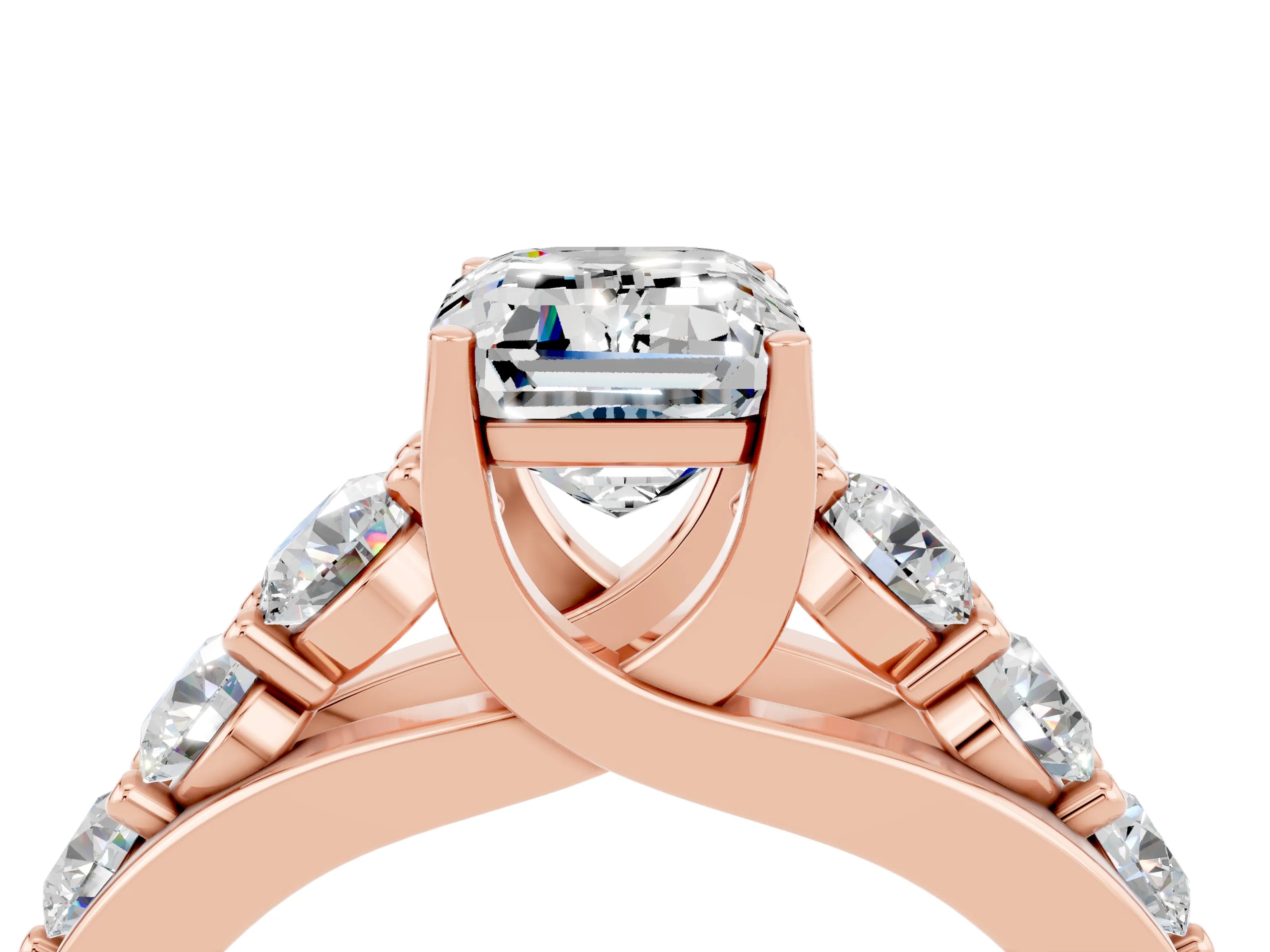 Rose gold Emerald Cut Moissanite Engagement Ring with Pavé Band and Four-Prong Setting_4